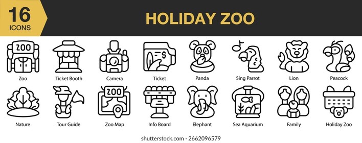 Holiday Zoo icon set. Includes zoo, holiday, animal, wild, travel, and More. Outline icons vector collection.