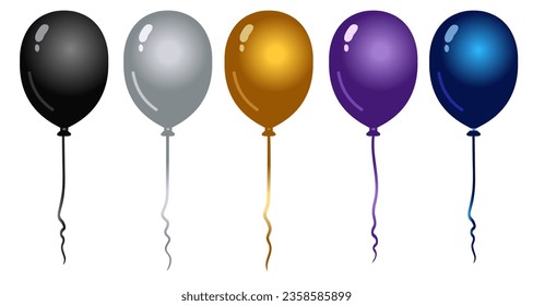 Holiday.Balloon.Set of holiday balloons on a white background. Vector realistic colored balloons. The ball is black, silver, gold, violet, dark blue.