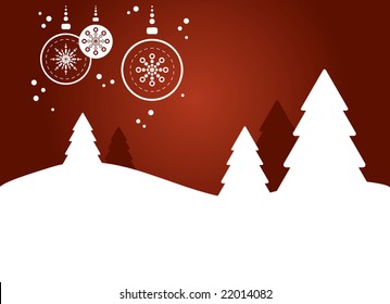 Holiday/christmas background in red with snowy forest landscape and ornaments, II (vector)