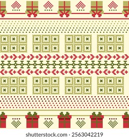 Holiday,Christmas,Pixel art,Pattern,Festive,Gift,boxes,Hearts,Red,Green,Beige,Winter,Traditional,Geometric,Decorative,Cross-stitch style,Wrapping paper,Seasonal,Retro design,Repetitive pattern,Holiday