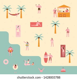 holidaymakers at the beach. flat design style minimal vector illustration