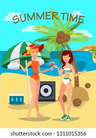 Holidaymakers flat vector characters. Two girlfriends talking and drink cocktails. Summertime activities. Beach party. Friends at sea resort color illustration. Summer vacation banner, poster template