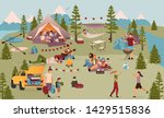 Holidaymakers in summer camp flat vector illustration. Friends, students on vacation in mountains. Families with children, couples enjoying active rest, kayaking, summertime outdoor activities 