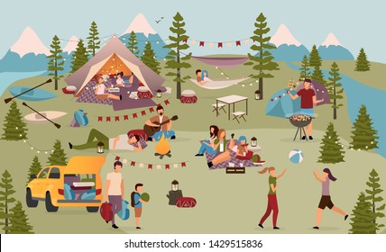 Holidaymakers In Summer Camp Flat Vector Illustration. Friends, Students On Vacation In Mountains. Families With Children, Couples Enjoying Active Rest, Kayaking, Summertime Outdoor Activities 