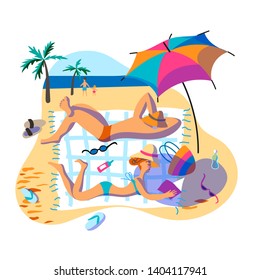Holidaymakers sunbathing on beach illustration. Tanned couple relaxing on sea resort. Cartoon wife and husband honeymoon holiday. Boyfriend and girlfriend flat vector characters on summer vacation