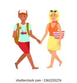 Holidaymakers, Tourists Color Cartoon Characters. Friends on Sea Resort Vector Drawing. Young In Love Couple. Tanned Tourist with Camera Isolated Vector Illustration. Blonde Lady with Beach Bag