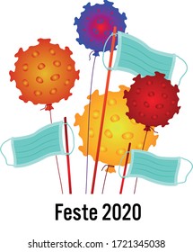Holidays 2020. Balloons like coronavirus, flags from a medical mask. Parade, Victory day.