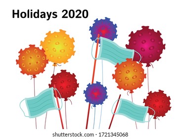 Holidays 2020. Balloons like coronavirus, flags from a medical mask. Parade, Victory day.