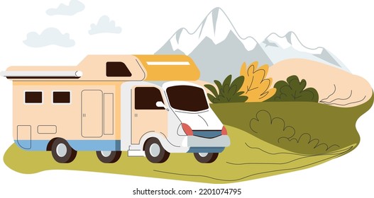 Holidays and adventures, traveling on camper van to the mountains. Landscape and vehicle with conveniences, car with place to sleep and rest at night. long distance trip. Vector in flat style