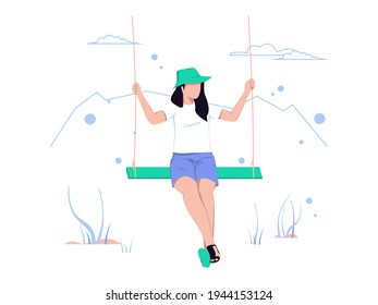 Holidays and adventures. Woman is playing on the swing. Character concept isolated in flat style. Vector illustration.