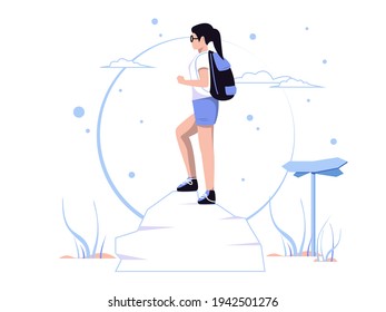 Holidays and adventures. Woman standing on rock. Character concept isolated in flat style. Vector illustration.