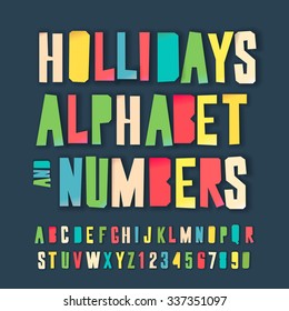 Holidays alphabet and numbers, colorful art and craft design, cut out by scissors from paper. Vector illustration.