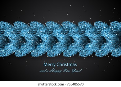 Holiday's background with border of blue Christmas tree branches with shining snowflakes and season wishes. Fir tree wreath
