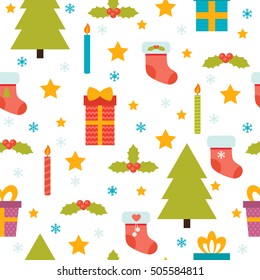 Holidays background with Christmas tree, snowflakes, stars, gift box, holly berries and christmas stockings. Cute seamless pattern. Vector illustration