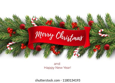 Holiday's Background for Merry Christmas greeting card with a realistic garland of pine tree branches, decorated with Christmas balls, Candy Canes, red berries