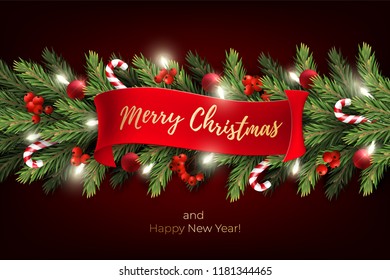 Holiday's Background for Merry Christmas greeting card with a realistic garland of pine tree branches, decorated with Christmas balls, Candy Canes, red berries