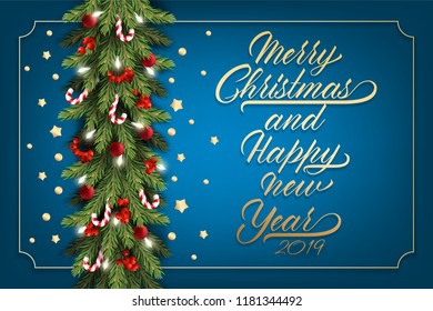 Holiday's Background for Merry Christmas greeting card with a realistic garland of pine tree branches, decorated with Christmas balls, Candy Canes, red berries