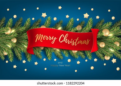 Holiday's Background for Merry Christmas greeting card with a realistic garland of pine tree branches, decorated with Christmas balls, Candy Canes, red berries