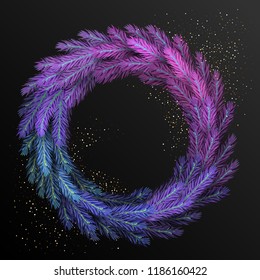 Holiday's Background for Merry Christmas greeting card with a realistic colorful wreath of pine tree branches, decorated with Christmas lights, gold stars, snowflakes