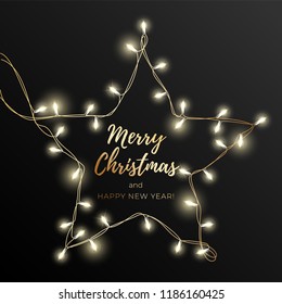Holiday's Background for Merry Christmas greeting card with a light garland and lettering Happy New Year and Merry Christmas