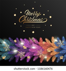 Holiday's Background for Merry Christmas greeting card with a realistic colorful garland of pine tree branches, decorated with Christmas lights, gold stars, snowflakes