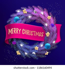 Holiday's Background for Merry Christmas greeting card with a realistic colorful wreath of pine tree branches, decorated with Christmas lights, gold stars, snowflakes