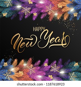 Holiday's Background for Merry Christmas greeting card with a realistic colorful garland of pine tree branches, decorated with Christmas lights, gold stars, snowflakes