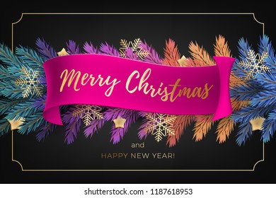 Holiday's Background for Merry Christmas greeting card with a realistic colorful garland of pine tree branches, decorated with Christmas lights, gold stars, snowflakes