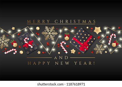 Holiday's Background for Merry Christmas greeting card with a realistic colorful garland of pine tree branches, decorated with Christmas lights, gold stars, snowflakes