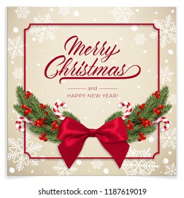 Holiday's Background for Merry Christmas greeting card with a realistic green garland of pine tree branches, decorated with Christmas candy, snowflakes, red berries