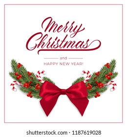 Holiday's Background for Merry Christmas greeting card with a realistic green garland of pine tree branches, decorated with Christmas candy, snowflakes, red berries