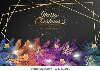 Holiday's Background for Merry Christmas greeting card with a realistic colorful garland of pine tree branches, decorated with Christmas lights, gold stars, snowflakes