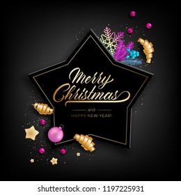 Holiday's Background for Merry Christmas greeting card with a realistic colorful objects, decorated with Christmas balls, gold stars, snowflakes, curling party ribbons