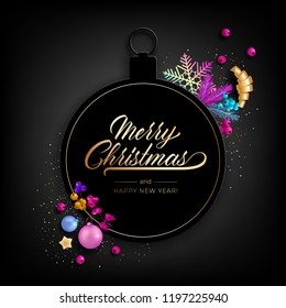 Holiday's Background for Merry Christmas greeting card with a realistic colorful objects, decorated with Christmas balls, gold stars, snowflakes, curling party ribbons