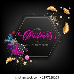 Holiday's Background for Merry Christmas greeting card with a realistic colorful objects, decorated with Christmas balls, gold stars, snowflakes, curling party ribbons and gift box