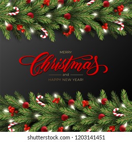 Holiday's Background for Merry Christmas greeting card with a realistic garland of pine tree branches, decorated with Christmas balls, Candy Canes, red berries. Lettering Merry Christmas