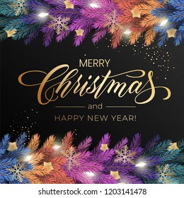 Holiday's Background for Merry Christmas greeting card with a realistic colorful garland of pine tree branches, decorated with Christmas lights, gold stars, snowflakes