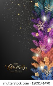 Holiday's Background for Merry Christmas greeting card with a realistic colorful garland of pine tree branches, decorated with Christmas lights, gold stars, snowflakes