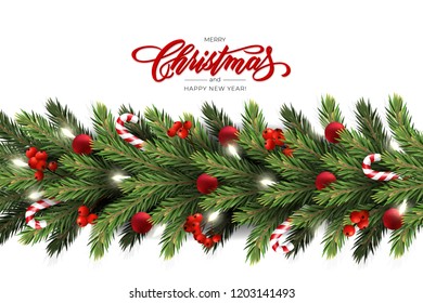 Holiday's Background for Merry Christmas greeting card with a realistic garland of pine tree branches, decorated with Christmas balls, Candy Canes, red berries. Lettering Merry Christmas