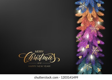 Holiday's Background for Merry Christmas greeting card with a realistic colorful garland of pine tree branches, decorated with Christmas lights, gold stars, snowflakes