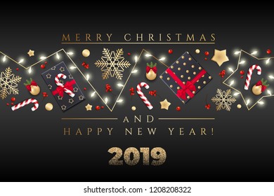 Holiday's Background for Merry Christmas greeting card with a realistic colorful garland of pine tree branches, decorated with Christmas lights, gold stars, snowflakes