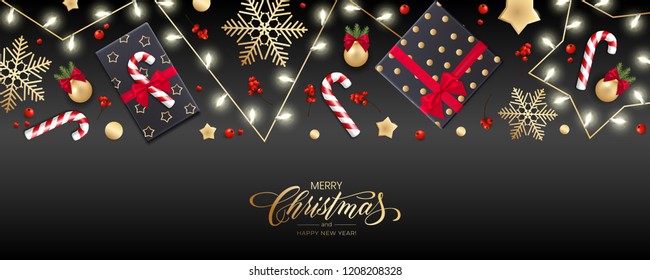Holiday's Background for Merry Christmas greeting card with a realistic colorful garland of pine tree branches, decorated with Christmas lights, gold stars, snowflakes