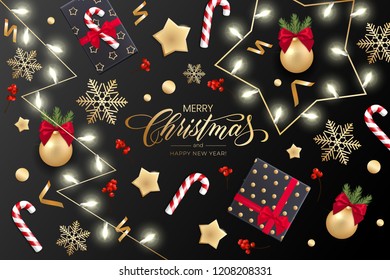 Holiday's Background for Merry Christmas greeting card with a realistic colorful garland of pine tree branches, decorated with Christmas lights, gold stars, snowflakes