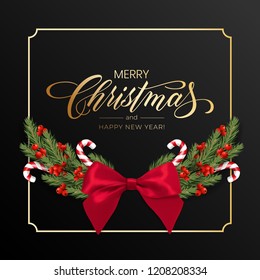 Holiday's Background for Merry Christmas greeting card with a realistic colorful garland of pine tree branches, decorated with Christmas lights, gold stars, snowflakes