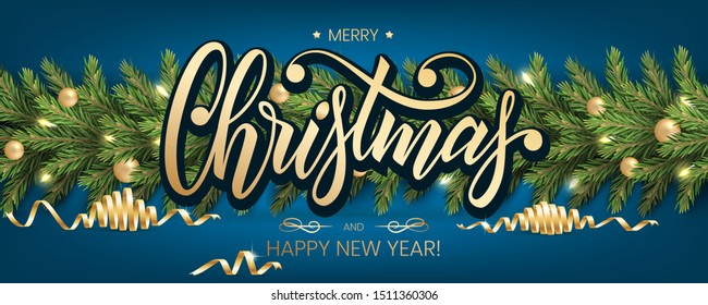 Holiday's Background for Merry Christmas greeting card with a realistic garland of pine tree branches, decorated with Christmas balls