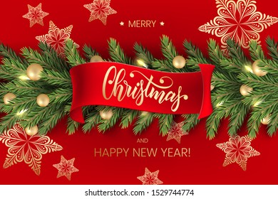 Holiday's Background for Merry Christmas greeting red card with a realistic green garland of pine tree branches, decorated with Christmas candy, snowflakes, red berries