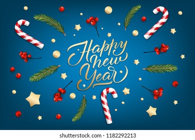 Holiday's Background for Merry Christmas and Happy New Year greeting card with a realistic Christmas balls, Candy Canes, red berries
