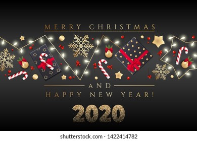 Holiday's Background for Merry Christmas and Happy New Year greeting card with Christmas lights, gold stars, snowflakes, gift box