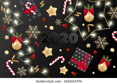 Holiday's Background for Merry Christmas and Happy New Year greeting card with Christmas lights, gold stars, snowflakes, gift box