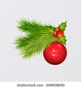 Holiday's Background with Season Realistic Christmas Tree Branches Decorated with Berries and christmas tree toys, vector illustrations